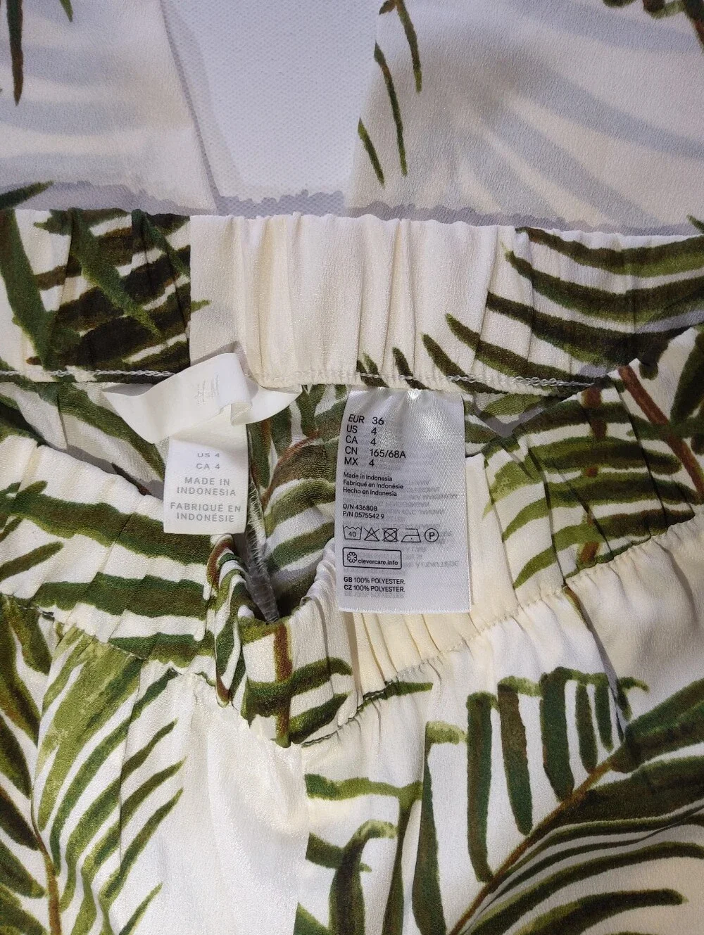 H&M Pants Womens Size 4 White Green‎ Tropical Palm Leaf High Rise Resortwear
